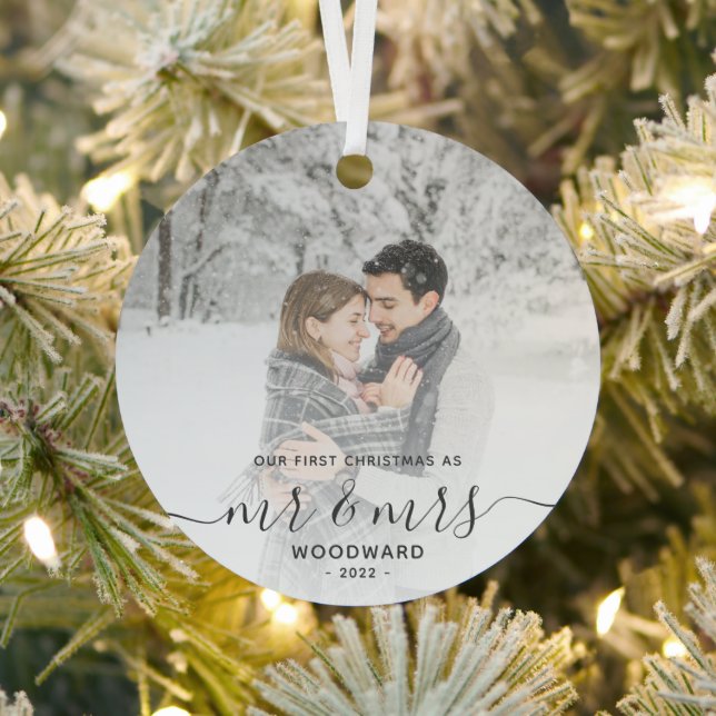 First Married Christmas Custom Photo Grey Script Metal Ornament (Insitu)