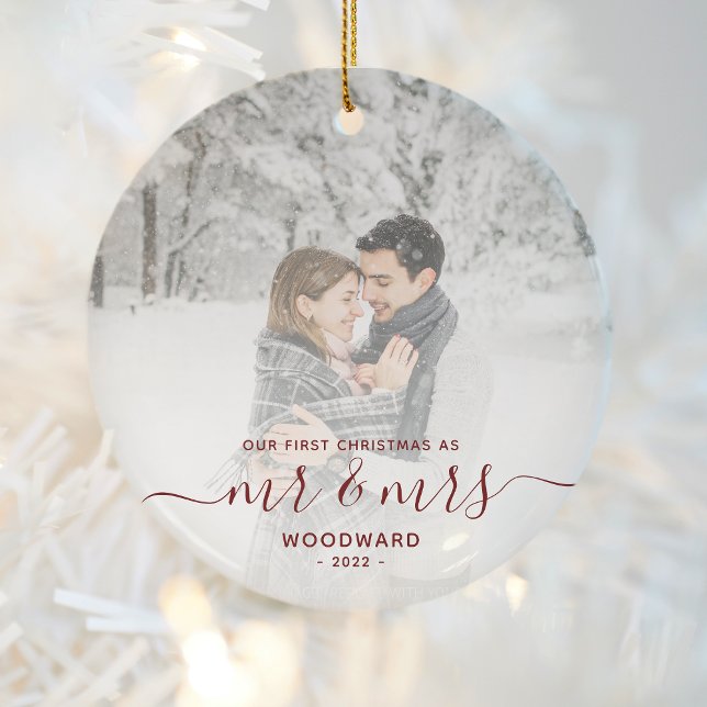 First Married Christmas Custom Photo Red Script Ceramic Ornament (Creator Uploaded)