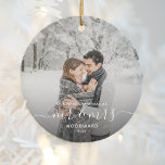 First Married Christmas Custom Photo White Script Ceramic Ornament<br><div class="desc">Commemorate the first Christmas of your marriage with this beautiful modern keepsake ornament. The white text reads "Our first Christmas as Mr & Mrs, " with the words "Mr & Mrs" in elegant handwriting script with flourishes before and after. Replace the sample image with your favorite photo, and add your...</div>