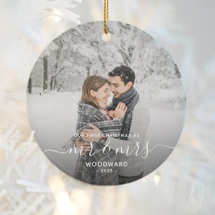 First Married Christmas Custom Photo White Script Ceramic Ornament