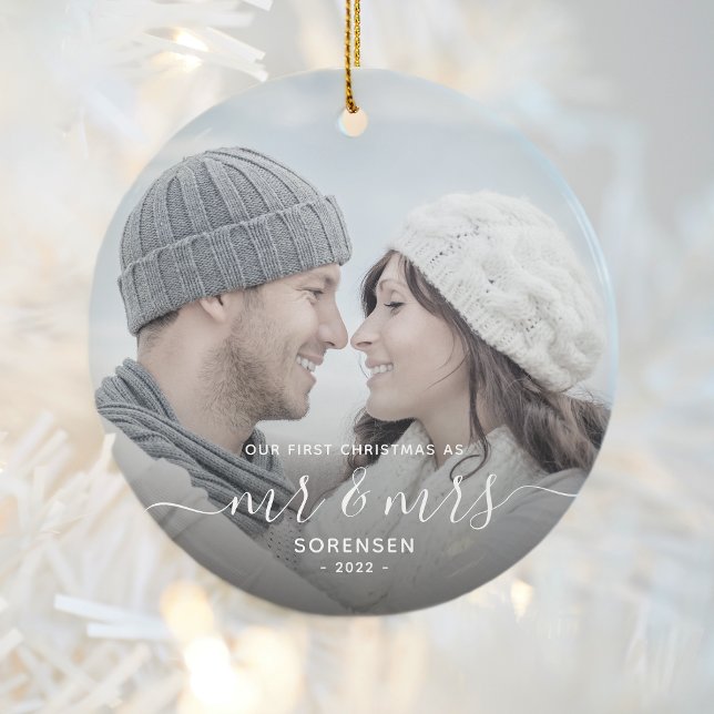 First Married Christmas Custom Photo White Script Ceramic Ornament (Creator Uploaded)