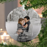 First Married Christmas Custom Photo White Script Glass Ornament<br><div class="desc">Commemorate the first Christmas of your marriage with this beautiful modern keepsake ornament. The white text reads "Our first Christmas as Mr & Mrs, " with the words "Mr & Mrs" in elegant handwriting script with flourishes before and after. Replace the sample image with your favorite photo, and add your...</div>