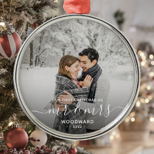 First Married Christmas Custom Photo White Script Metal Ornament