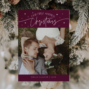 First Married Christmas Newlywed Photo Cranberry Holiday Card