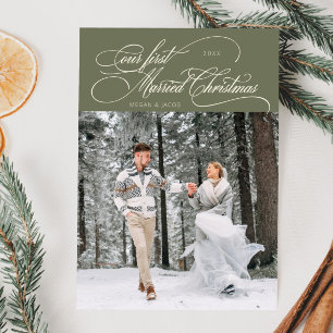 First Married Christmas Newlywed Photo Sage Green Holiday Card