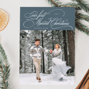 First Married Christmas Newlywed Photo Slate Blue Holiday Card