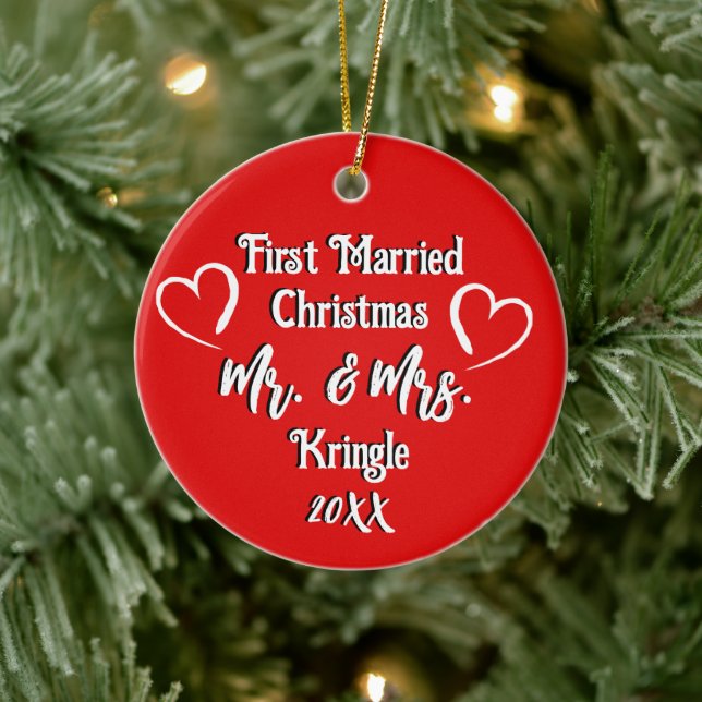 First Married Christmas Personalized Wedding Date Ceramic Ornament (Tree)
