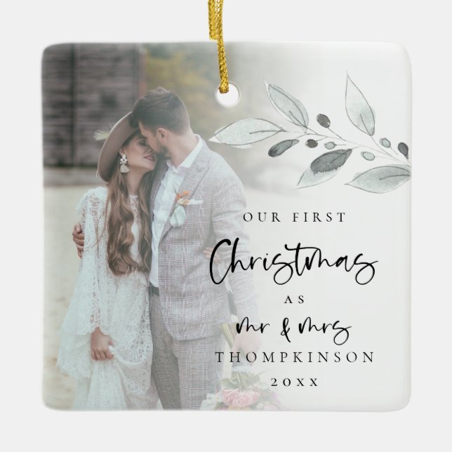 First Married Christmas Photo Name Year Script Cer Ceramic Ornament (Front)