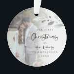 First Married Christmas Photo Name Year Script Ornament<br><div class="desc">First Married Christmas Photo Name Year Script A romantic keepsake to celebrate the special time of your first Christmas as Mr and Mrs and memento in holidays to come. Typography for Christmas and Mr and Mrs is in a set modern script and the rest of the text you can easily...</div>