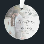First Married Christmas Photo Name Year Script Ornament<br><div class="desc">First Married Christmas Photo Name Year Script A romantic keepsake to celebrate the special time of your first Christmas as Mr and Mrs and memento in holidays to come. Typography for Christmas and Mr and Mrs is in a set modern script and the rest of the text you can easily...</div>