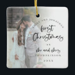 First Married Christmas Photo Names Year Script Ceramic Ornament<br><div class="desc">First Married Christmas Photo Names Year Script. A romantic keepsake to celebrate the special time of your first Christmas as Mr and Mrs and memento in holidays to come. Typography for Christmas and Mr and Mrs is in a set modern script and the rest of the text you can easily...</div>