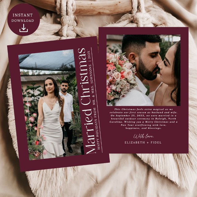 First Married Christmas Photo Newlyweds Burgundy Holiday Card (Creator Uploaded)