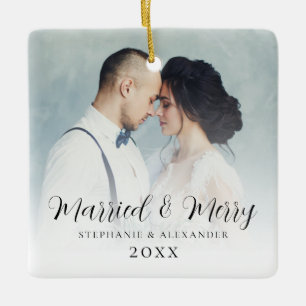 First Married Christmas Photo Overlay Square Ceramic Ornament