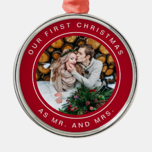 First Married Christmas   Red and White with Photo Metal Ornament