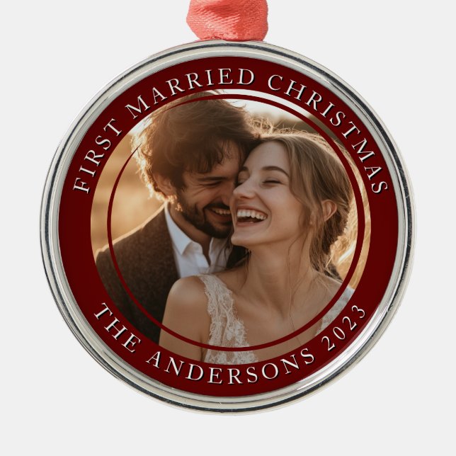 First Married Christmas Red Custom Photo Metal Ornament (Front)
