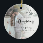 First Married Christmas Script Photo Name Year Ceramic Ornament<br><div class="desc">First Married Christmas Script Photo Name Year. A romantic keepsake to celebrate the special time of your first Christmas as Mr and Mrs and memento in holidays to come. Typography for Christmas and Mr and Mrs is in a set modern script and the rest of the text you can easily...</div>