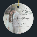 First Married Christmas Script Photo Name Year Ceramic Ornament<br><div class="desc">First Married Christmas Script Photo Name Year. A romantic keepsake to celebrate the special time of your first Christmas as Mr and Mrs and memento in holidays to come. Typography for Christmas and Mr and Mrs is in a set modern script and the rest of the text you can easily...</div>
