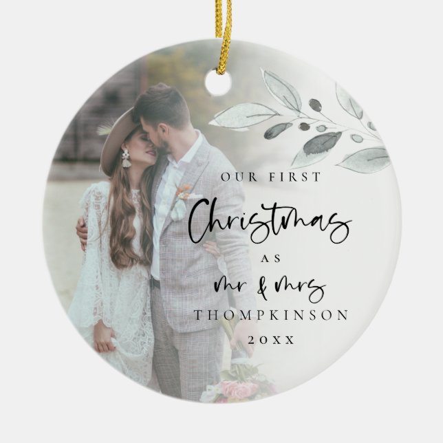 First Married Christmas Script Photo Name Year Ceramic Ornament (Front)