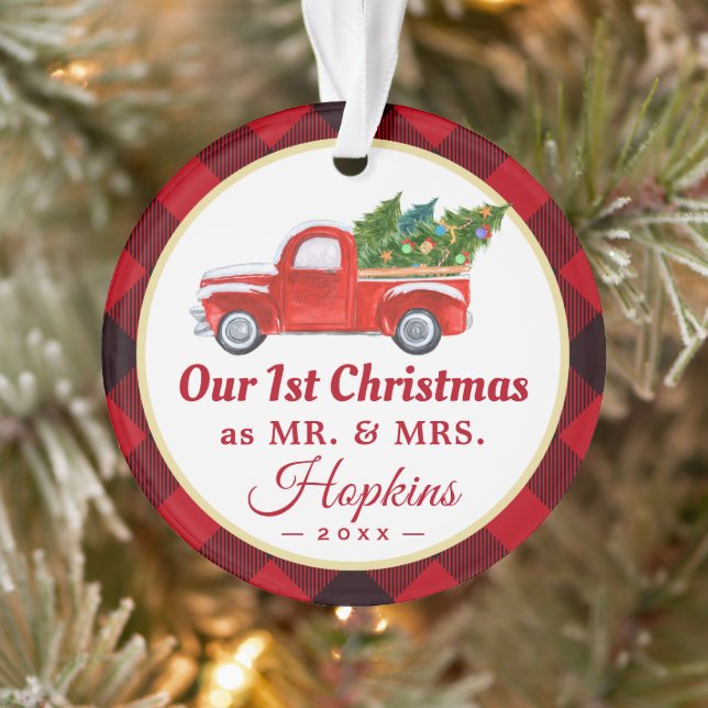 First Married Christmas Truck Red Plaid Photo Ornament (Tree)