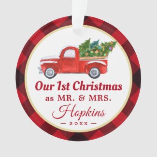 First Married Christmas Truck Red Plaid Photo Ornament