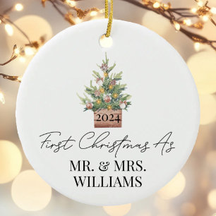 First Married Christmas Watercolor Christmas Tree Ceramic Ornament