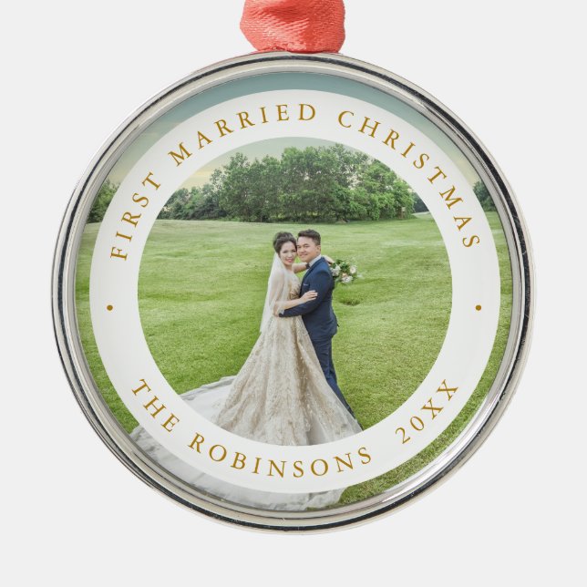 First Married Christmas with Custom Photo Metal Ornament (Front)