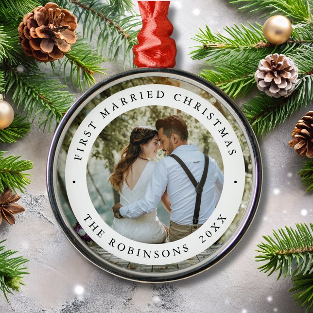First Married Christmas with Custom Photo Metal Ornament (Creator Uploaded)
