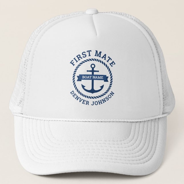 First mate anchor rope border boat name on banner trucker hat (Front)