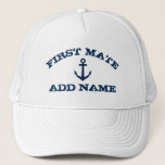 First Mate hats with nautical anchor and name<br><div class="desc">First Mate hat with nautical anchor and custom name. Vintage typography template for sailor's companion. Make your own personalized hat for sailing and boating trips. Navy blue ship anchor symbol with grungy text. Cute Birthday gift idea for partner. Make your own for girlfriend, deck crew, team, yacht owner, mom, aunt,...</div>