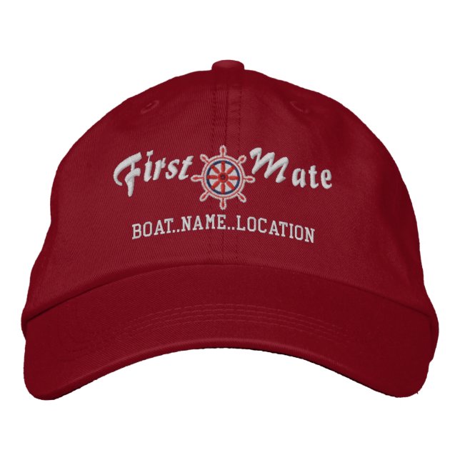 FIRST MATE Wheel Customizable Boat Name Your Name Embroidered Hat (Front)