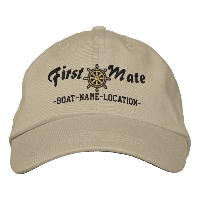 FIRST MATE Wheel Customizable Boat Name Your Name Embroidered Hat (Front)