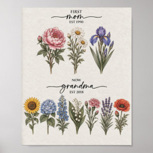 First Mom To Grandma Lavender And Pink Birth Flowe Poster
