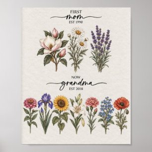 First Mom To Grandma Pink And Purple Birth Flower Poster