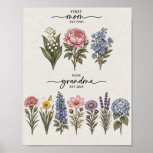 First Mom To Grandma Pink And White Birth Flower P Poster