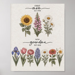 First Mom To Grandma Red And Blue Birth Flower Pos Poster