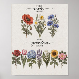 First Mom to Grandma Rose and Blue Birth Flower Po Poster