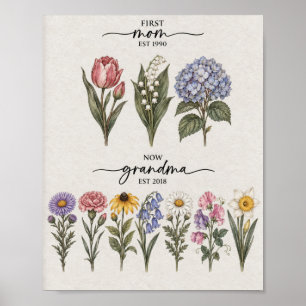 First Mom To Grandma White And Pink Birth Flower P Poster
