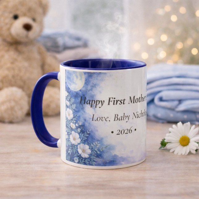 First Mother’s Day Moon Floral Blue Personalized Mug (Creator Uploaded)