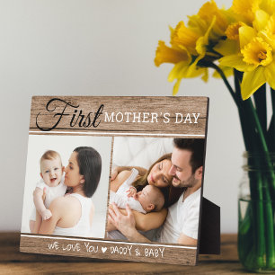 First Mother's Day 2 Photo Collage  Rustic Wood Plaque