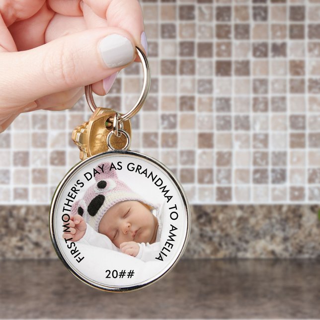 First Mothers Day as Grandma Custom Year and Photo Keychain (Mother's Day photo keyring from Grandma .. or edit for anyone!)