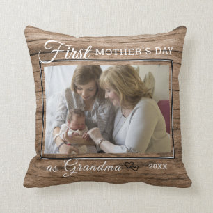 First Mother's Day As Grandma Photo Rustic Wood   Throw Pillow