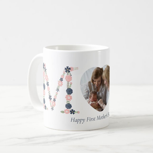 First Mother's Day Blush Pink Navy Floral Letters Coffee Mug (Front Left)
