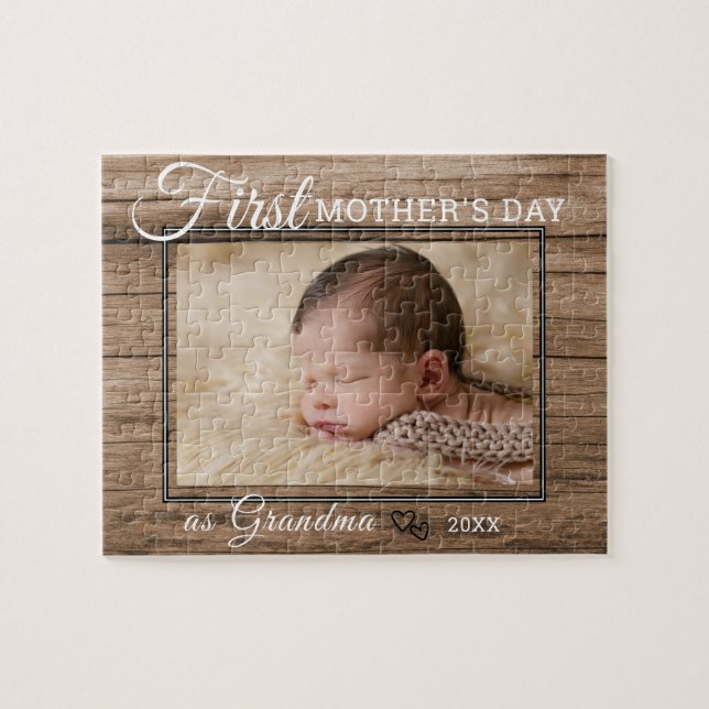 First Mother's Day Grandma Photo Rustic Wood Jigsaw Puzzle (Horizontal)