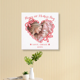 First Mothers Day Photo Heart Frame Red Pink Bow Canvas Print