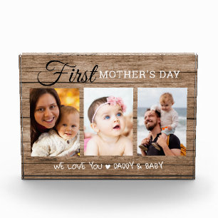 First Mother's Day Rustic Wood  3 Photo Block
