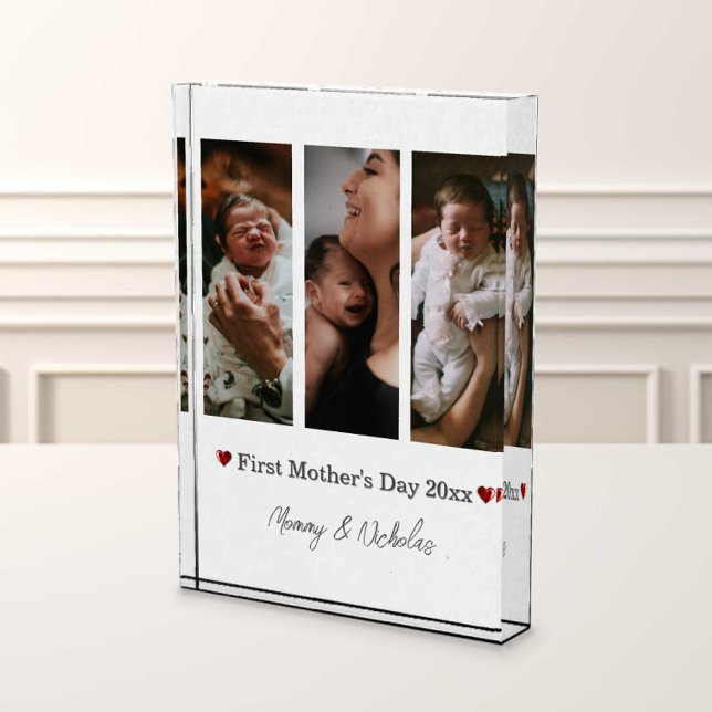 First Mothers Day Three Photo Collage (White First Mother's Day Three Photo Collage Photo Block)