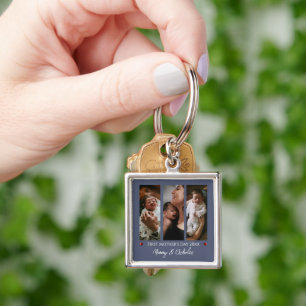 First Mother's Day Three Photo Collage Blue Keychain