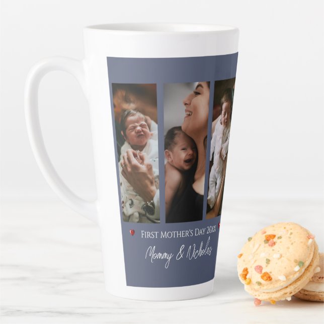 First Mother's Day Three Photo Collage Blue Latte Mug (In Situ)