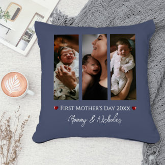 First Mother's Day Three Photo Collage Blue Throw Pillow