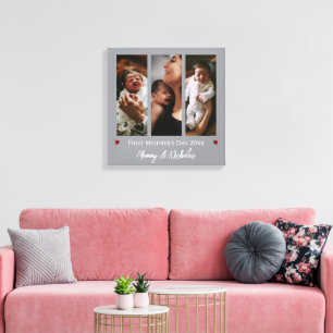 First Mother's Day Three Photo Collage   Grey Canvas Print